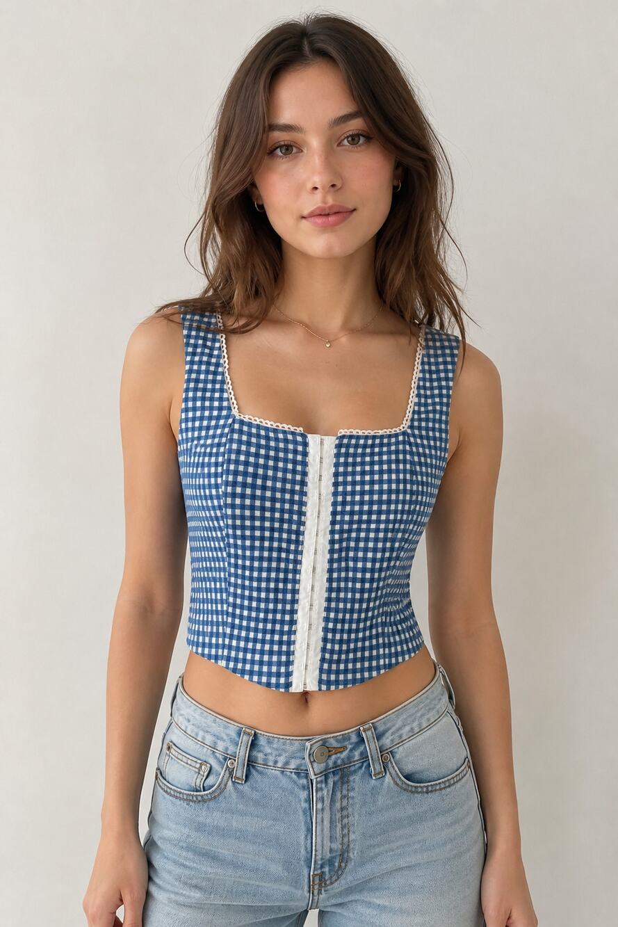 Monteau Los Angeles Blue White Gingham Crop Top S